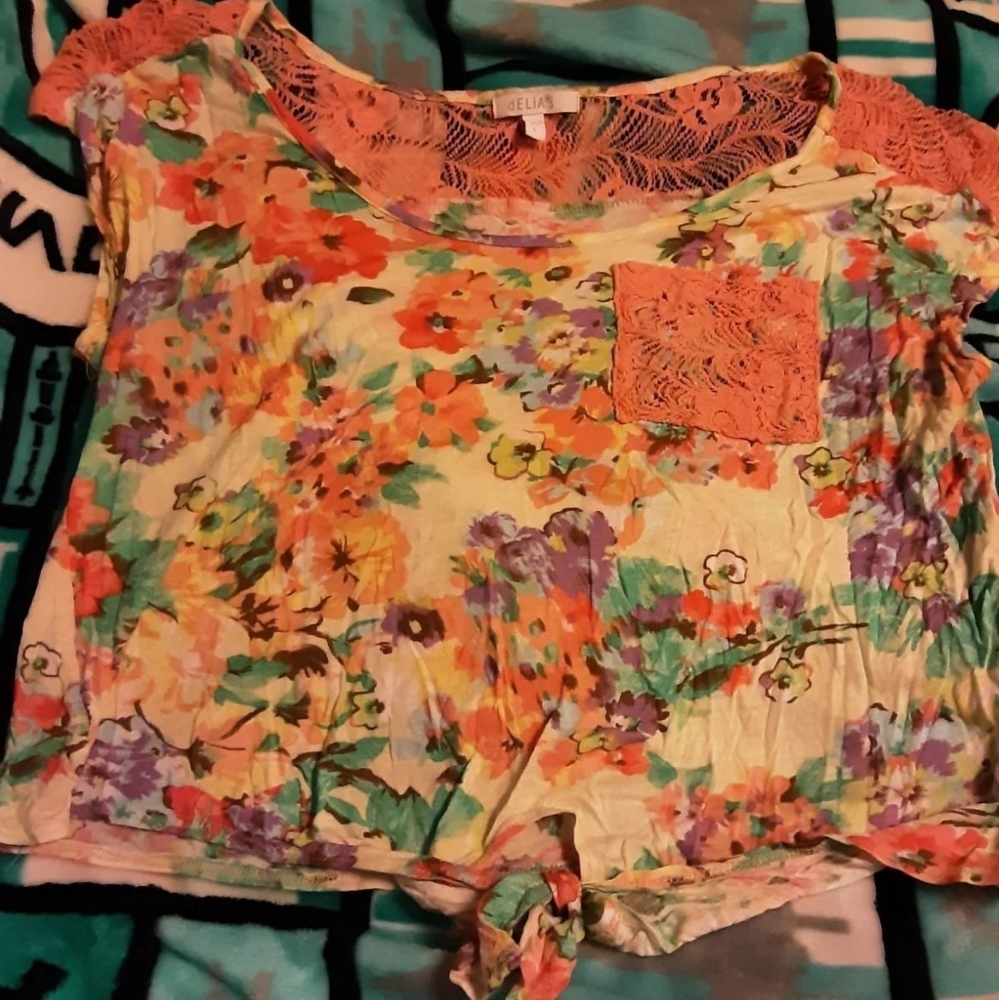 Delia's Lace Floral Crop Tie Shirt Juniors Large Woman's medium Lightweight